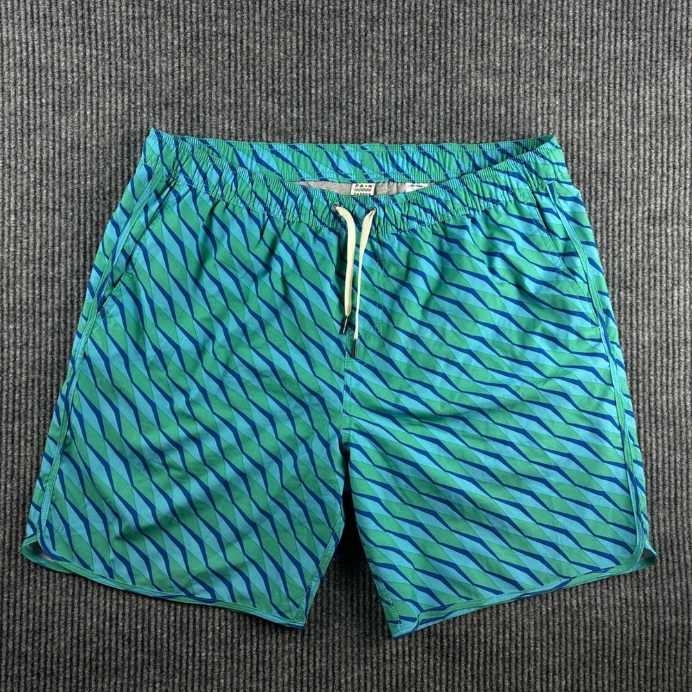 Fair Harbor Mens XXL Green Blue Geometric Print Swim Trunks Board Shorts 7.5 in